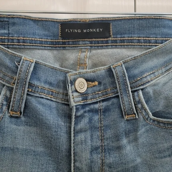 Flying Monkey Distressed Raw Hem Mid-Rise Light Medium Wash Straight Leg Jeans - Picture 6 of 11